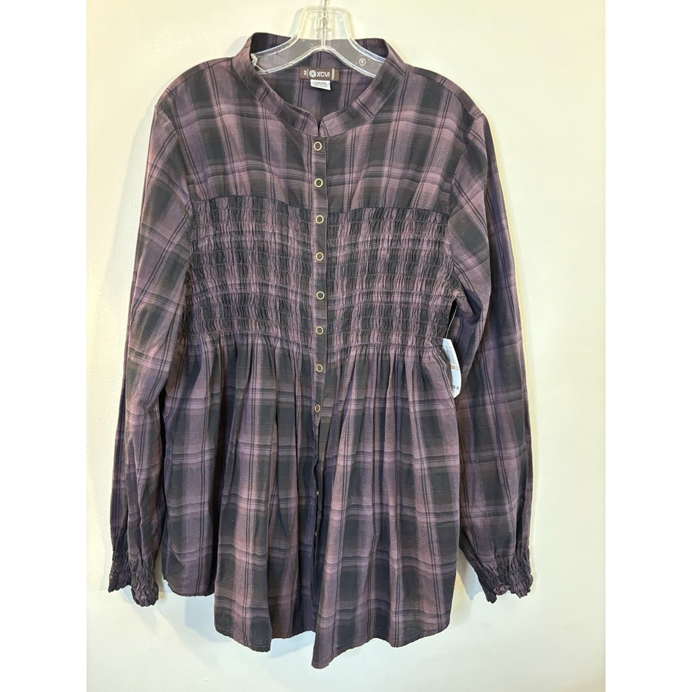 NWT XCVI Burgundy‎ Plaid Smocked Tunic Top 2X Cotton